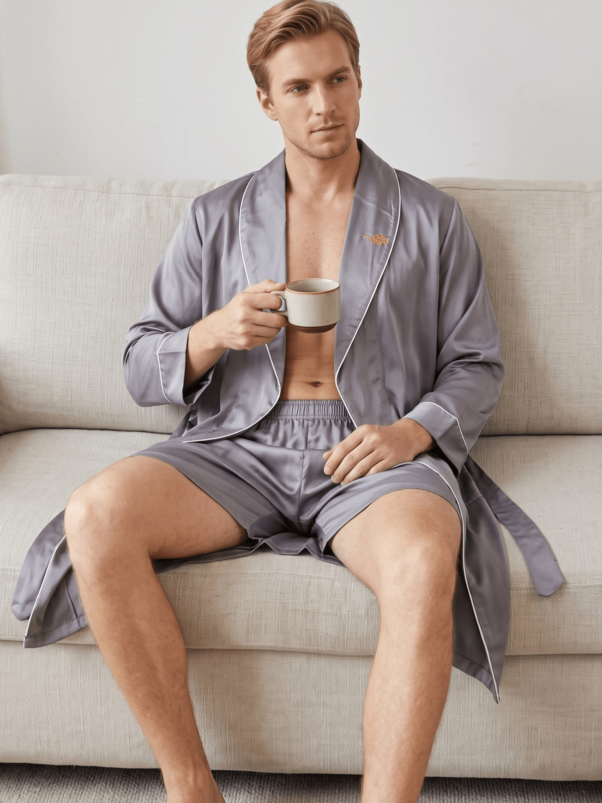 Men's embroidered satin dressing gown and shorts set