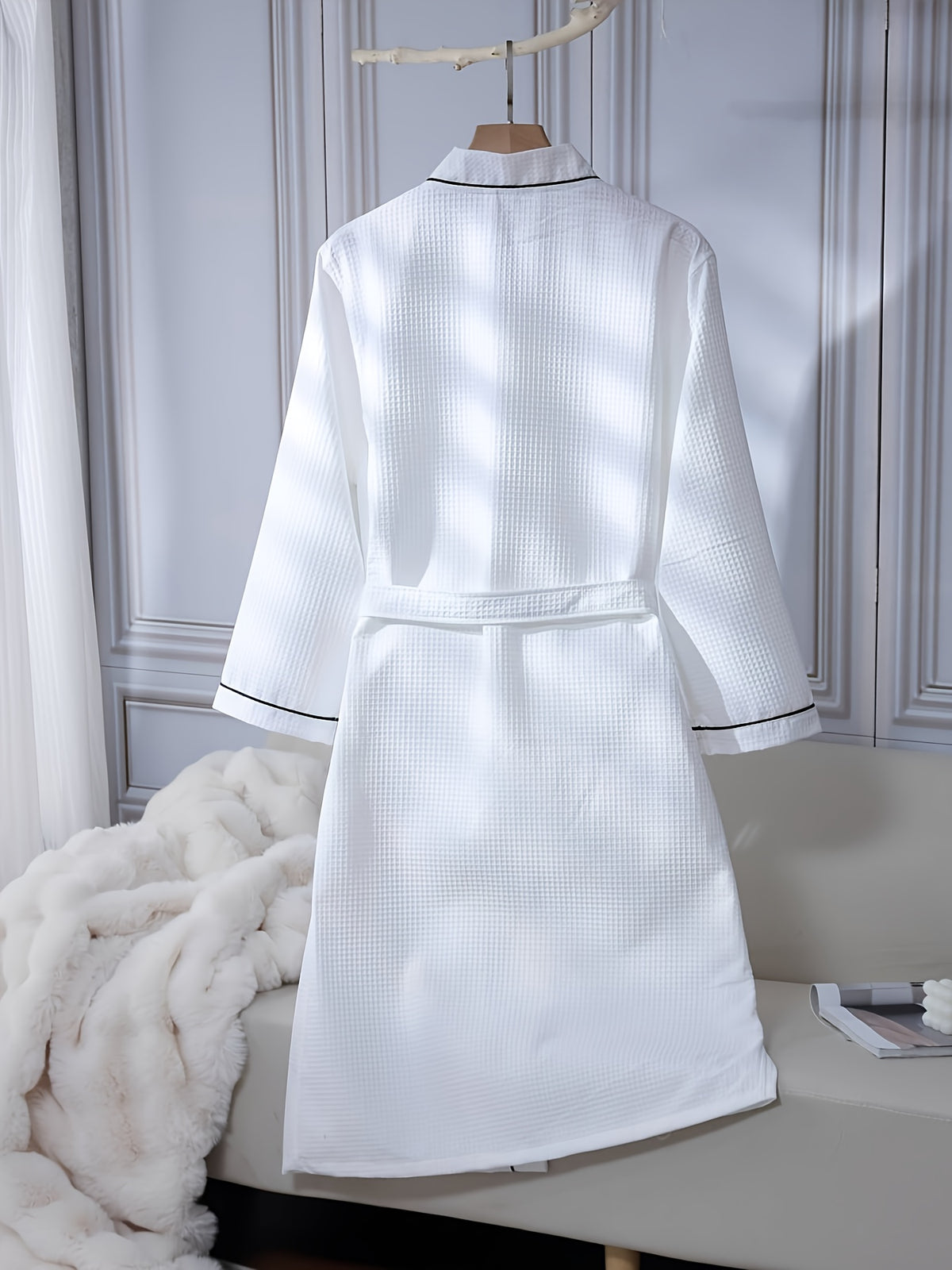 Unisex white long waffle bathrobe with pockets