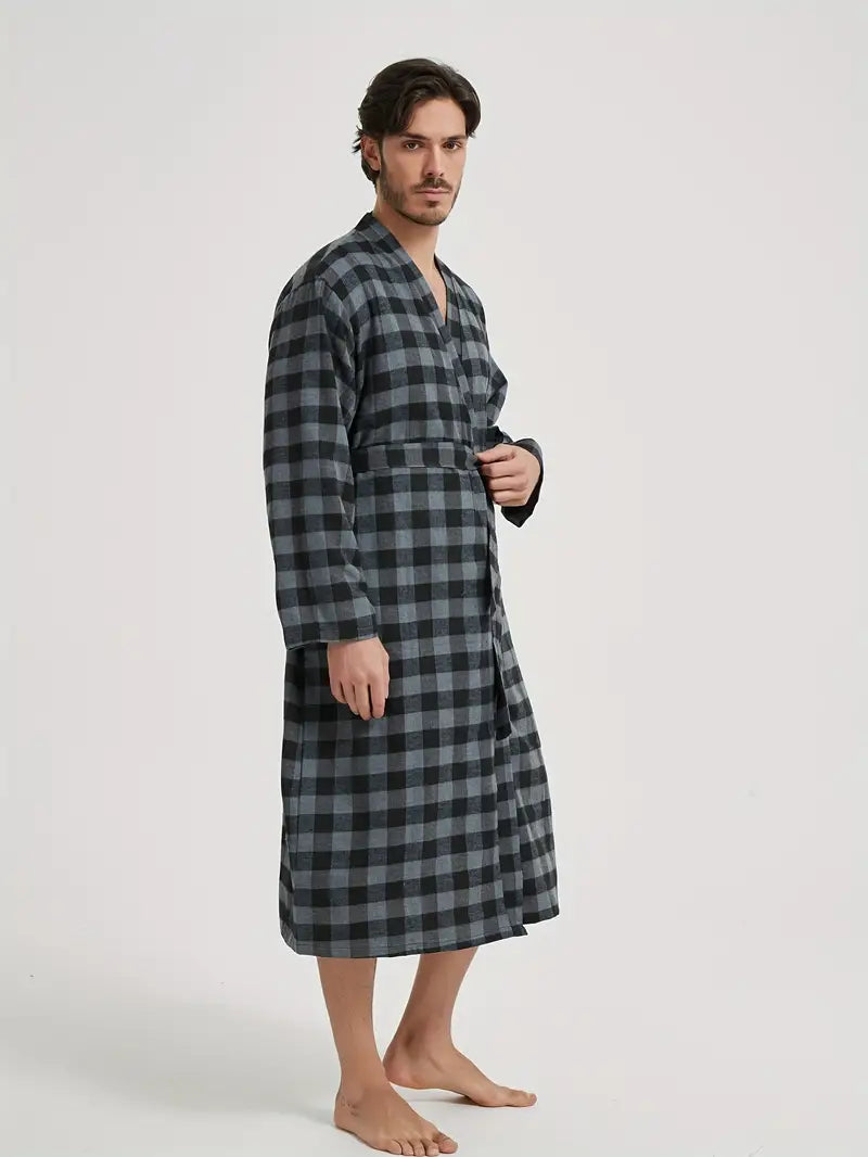 Men's long checked cotton dressing gown