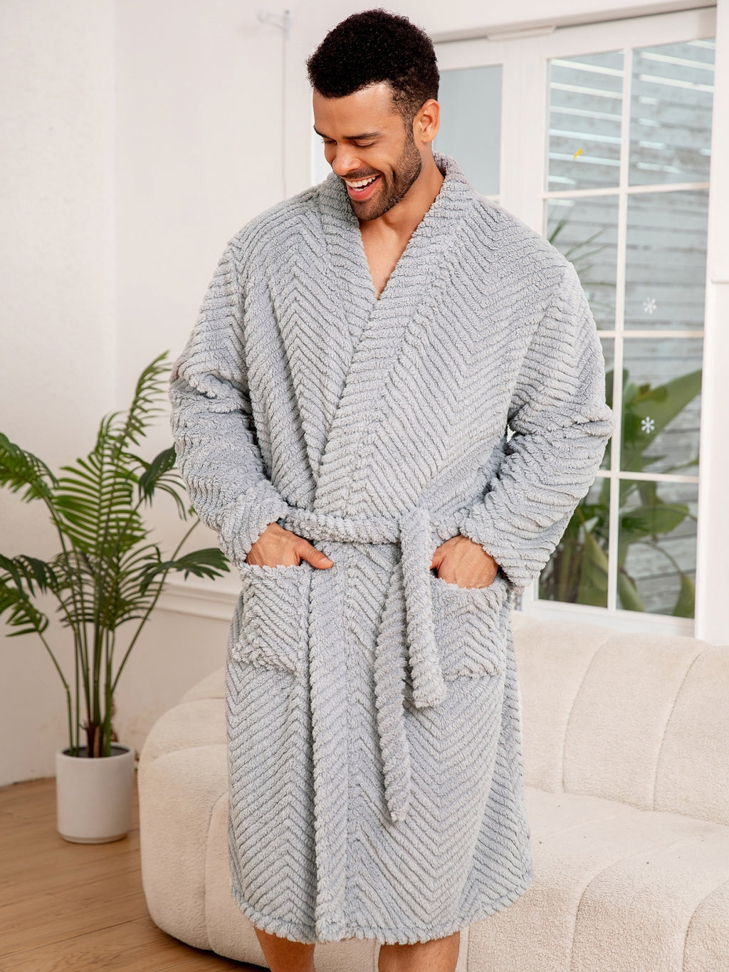 Men's long fleece bathrobe