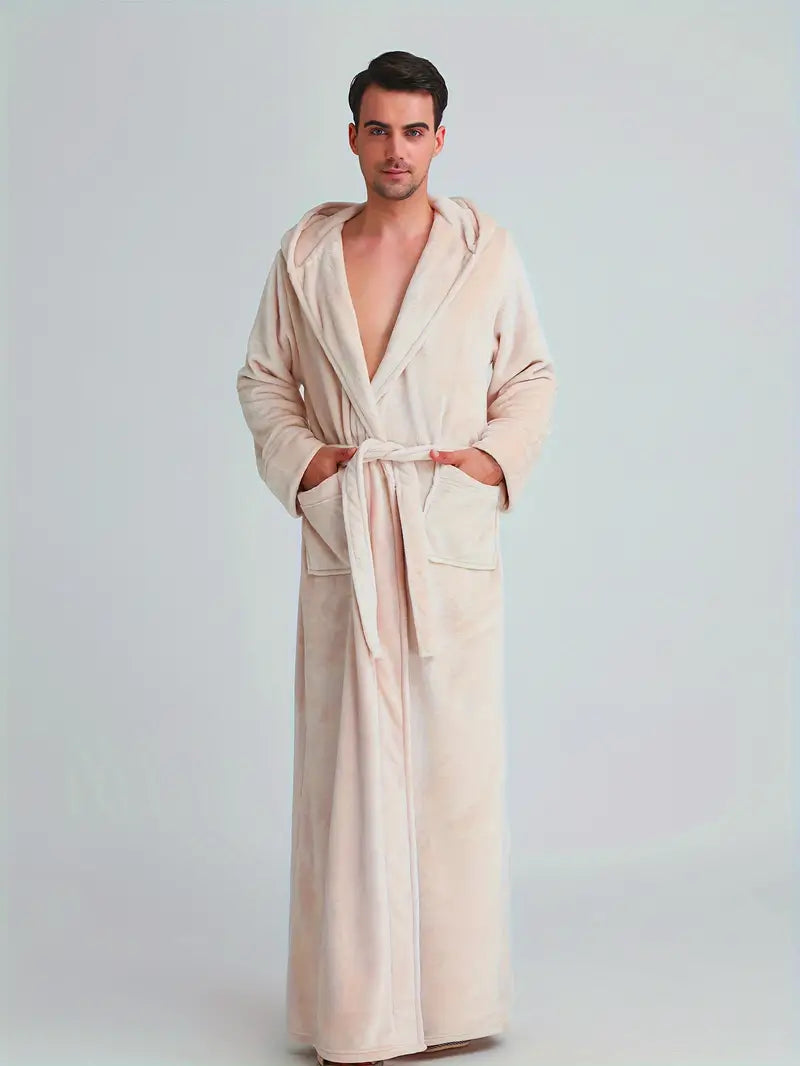 Soft long hooded fleece bathrobe — Beige