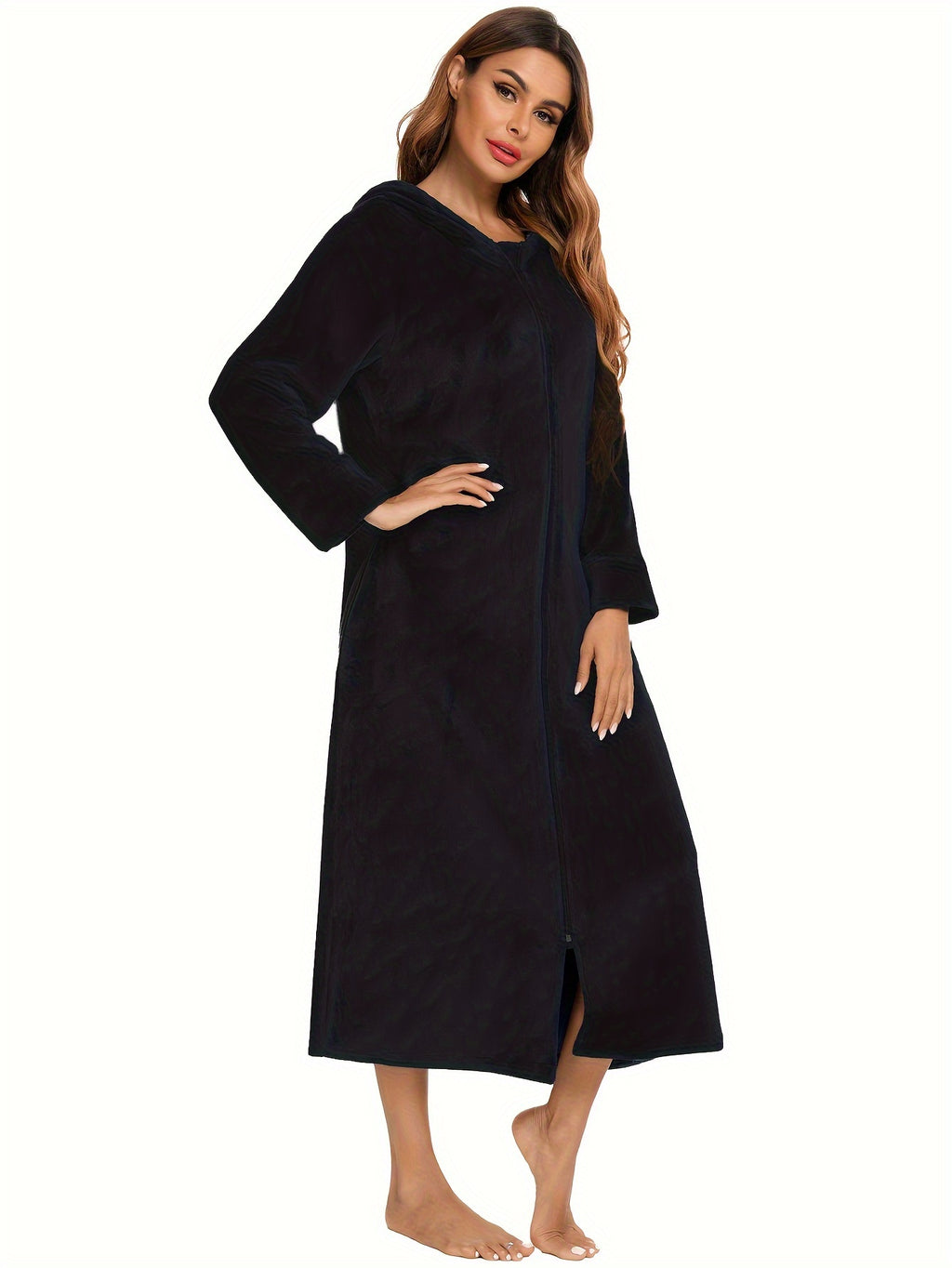 Women's hooded flannel zip-up dressing gown