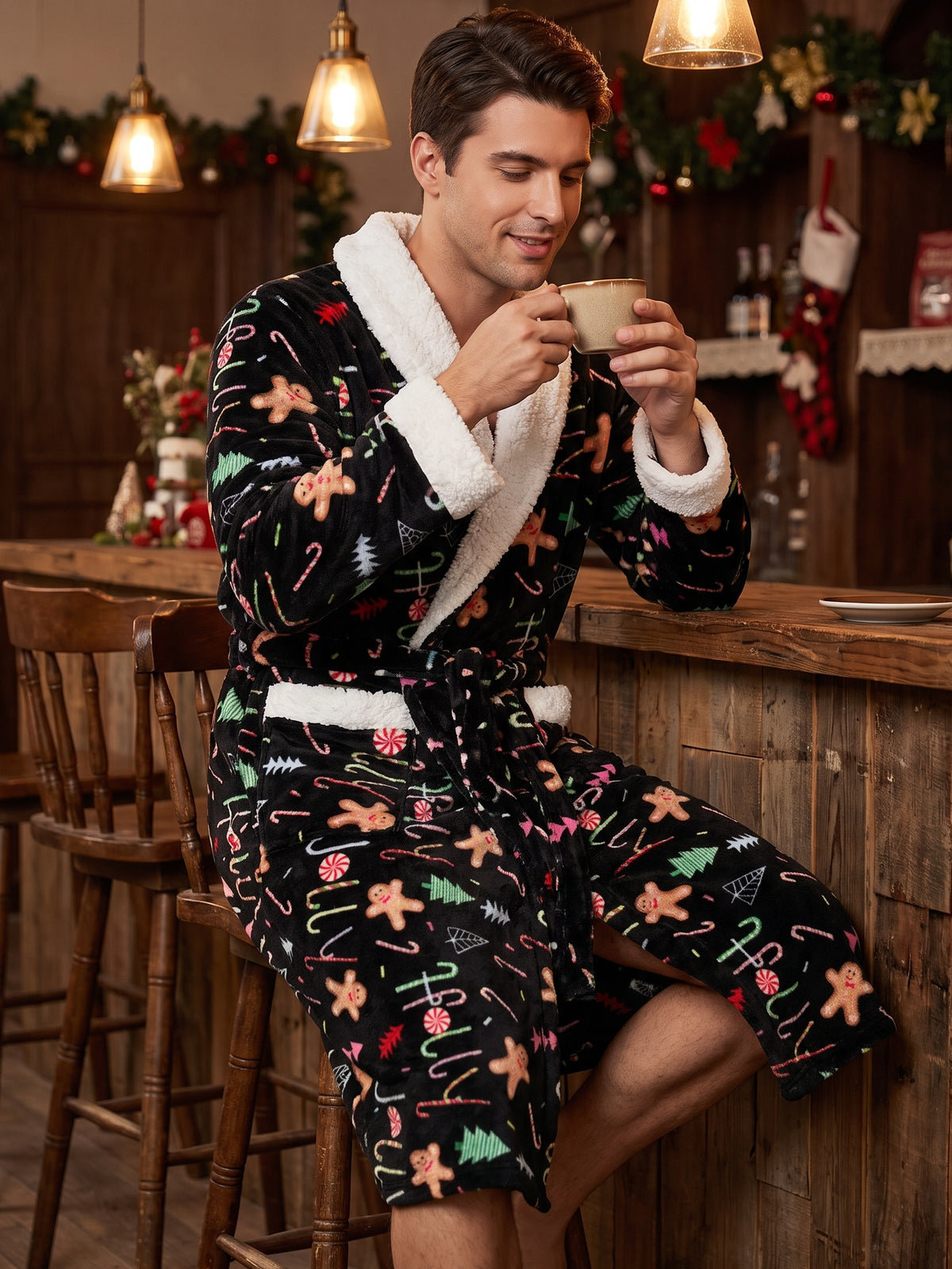 Men's gingerbread print flannel dressing gown