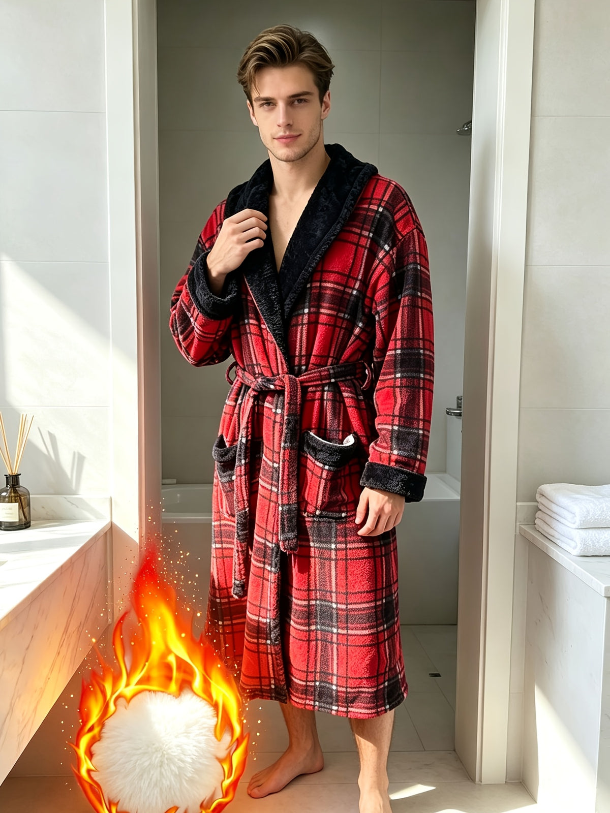 Men's red plaid coral fleece dressing gown Image