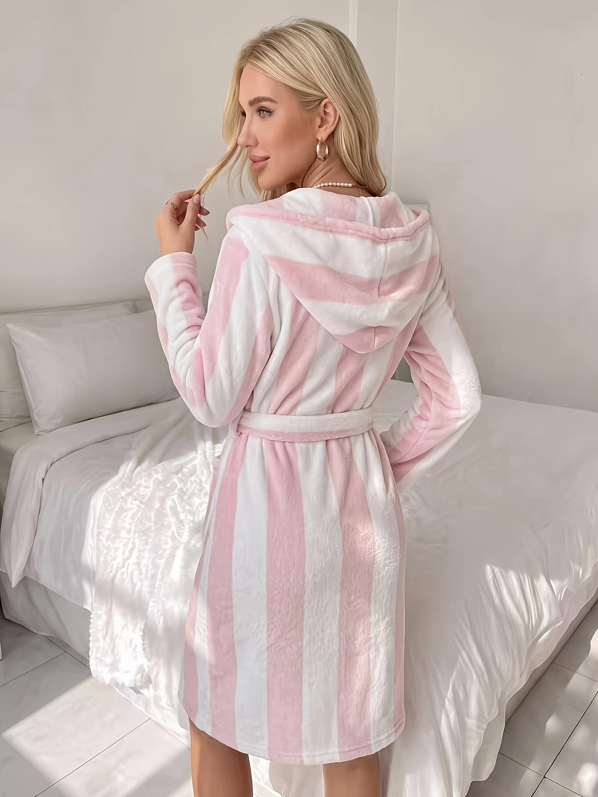 Women's pink striped hooded plush dressing gown
