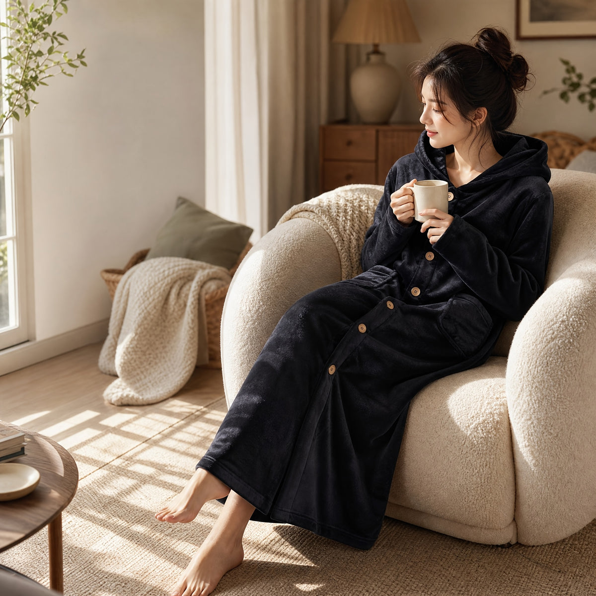 Women's hooded button-up fleece dressing gown