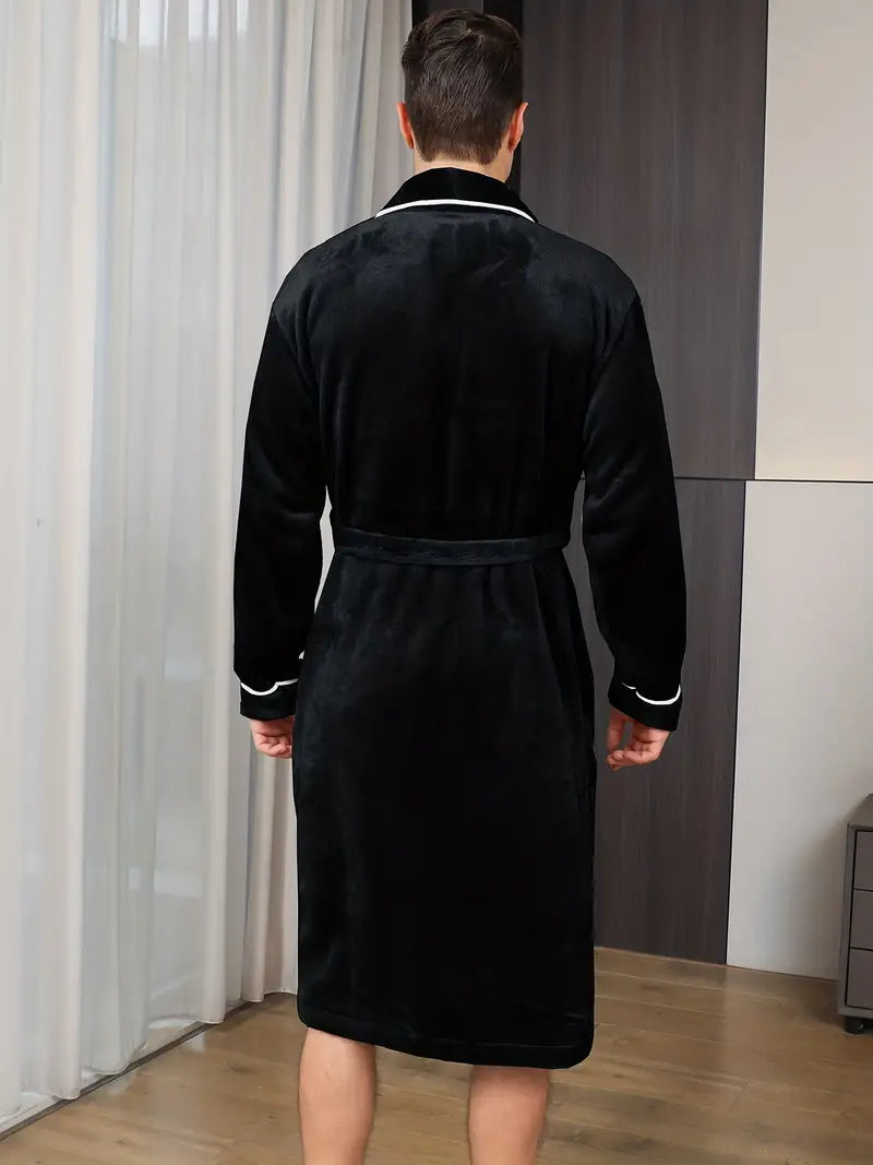 Men's black fleece towelling bathrobe
