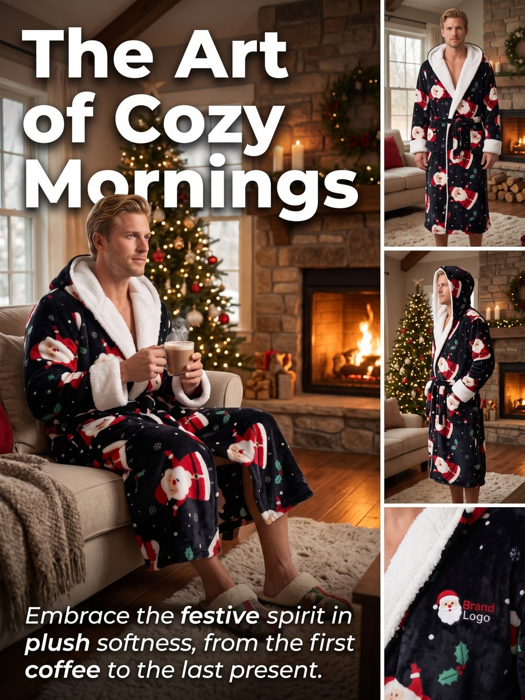 Men's navy Santa print hooded flannel dressing gown