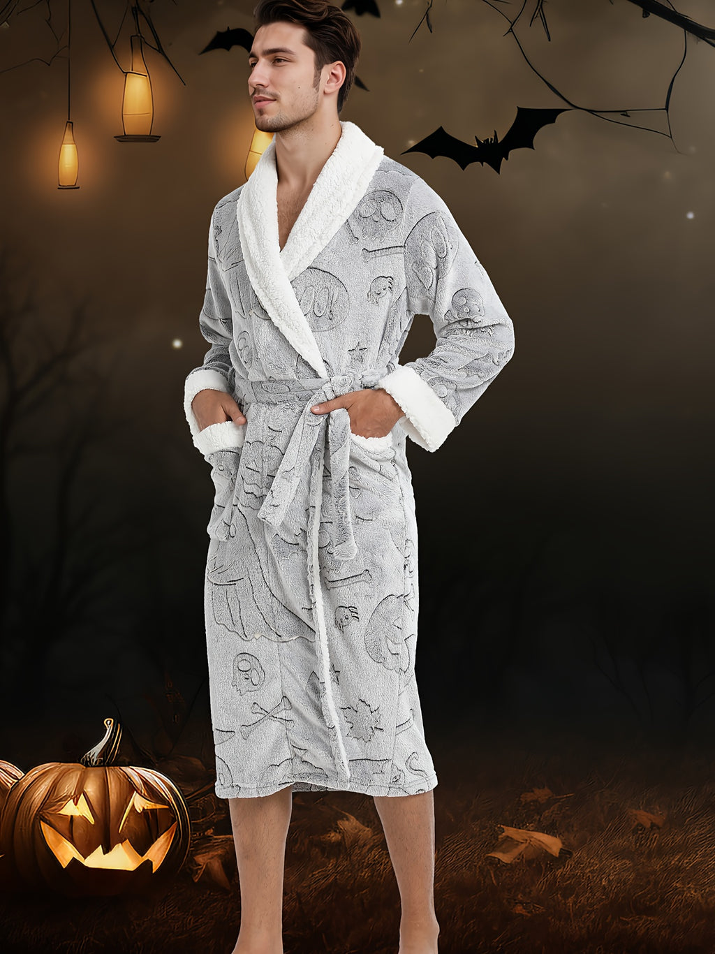 Men's Halloween print fleece dressing gown