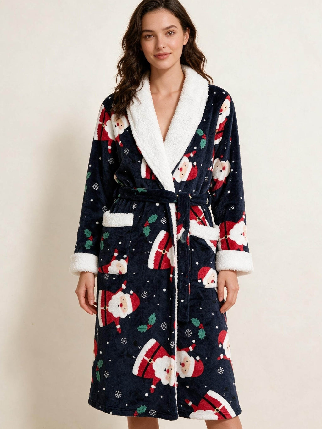 Women's navy Santa print fleece dressing gown