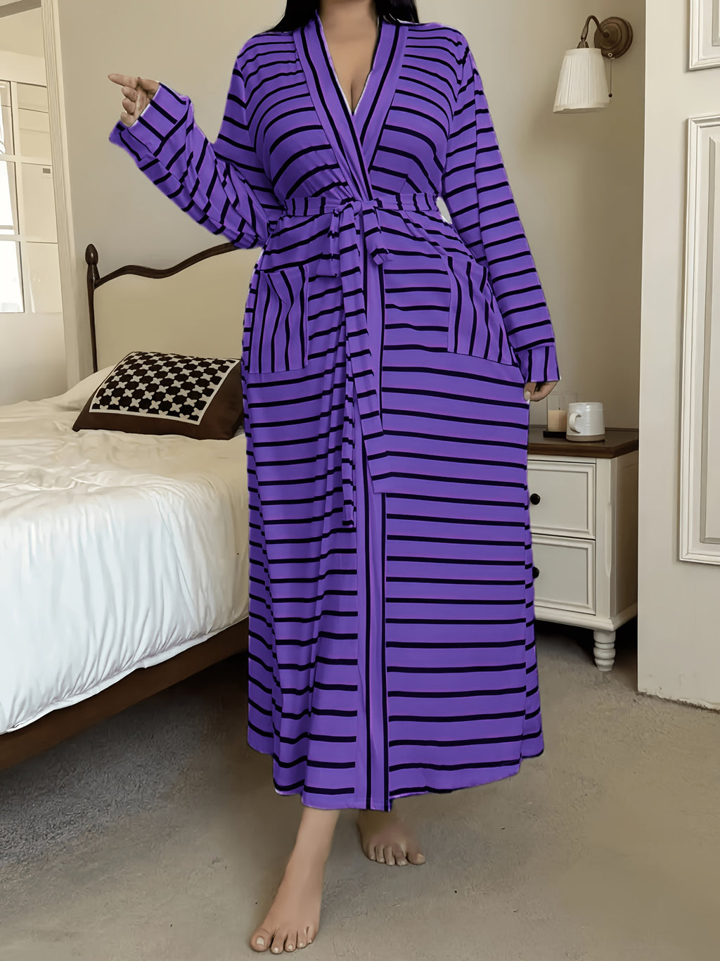 Women's plus size striped dressing gown