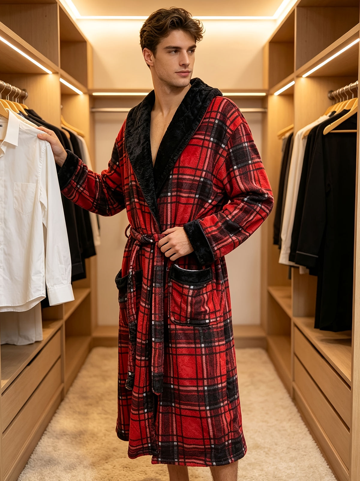Men's red plaid coral fleece dressing gown Image