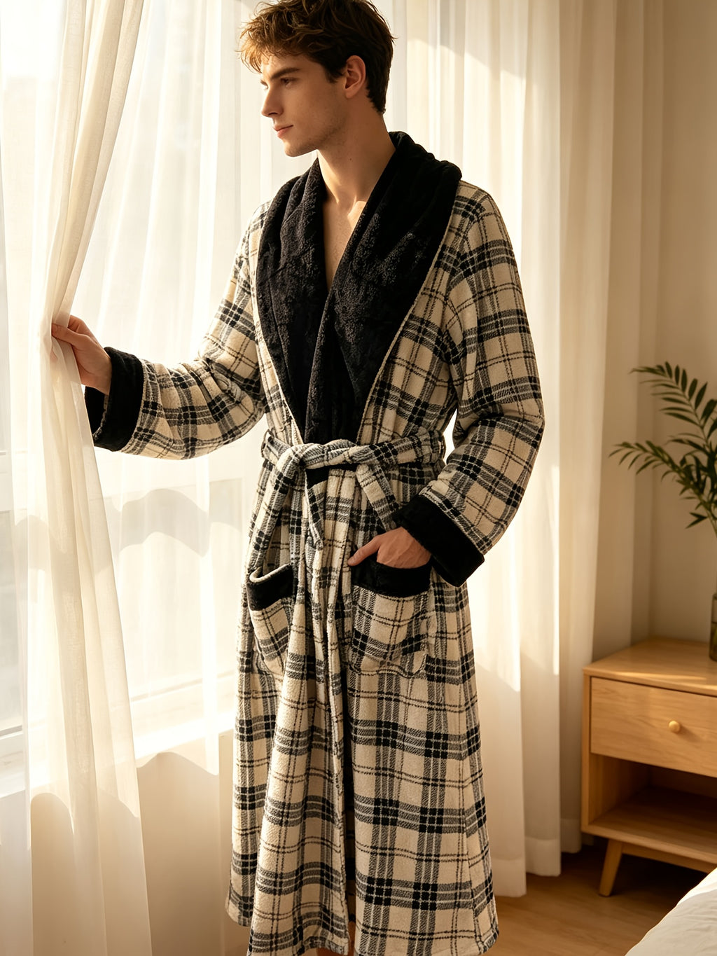 Men's red plaid coral fleece dressing gown