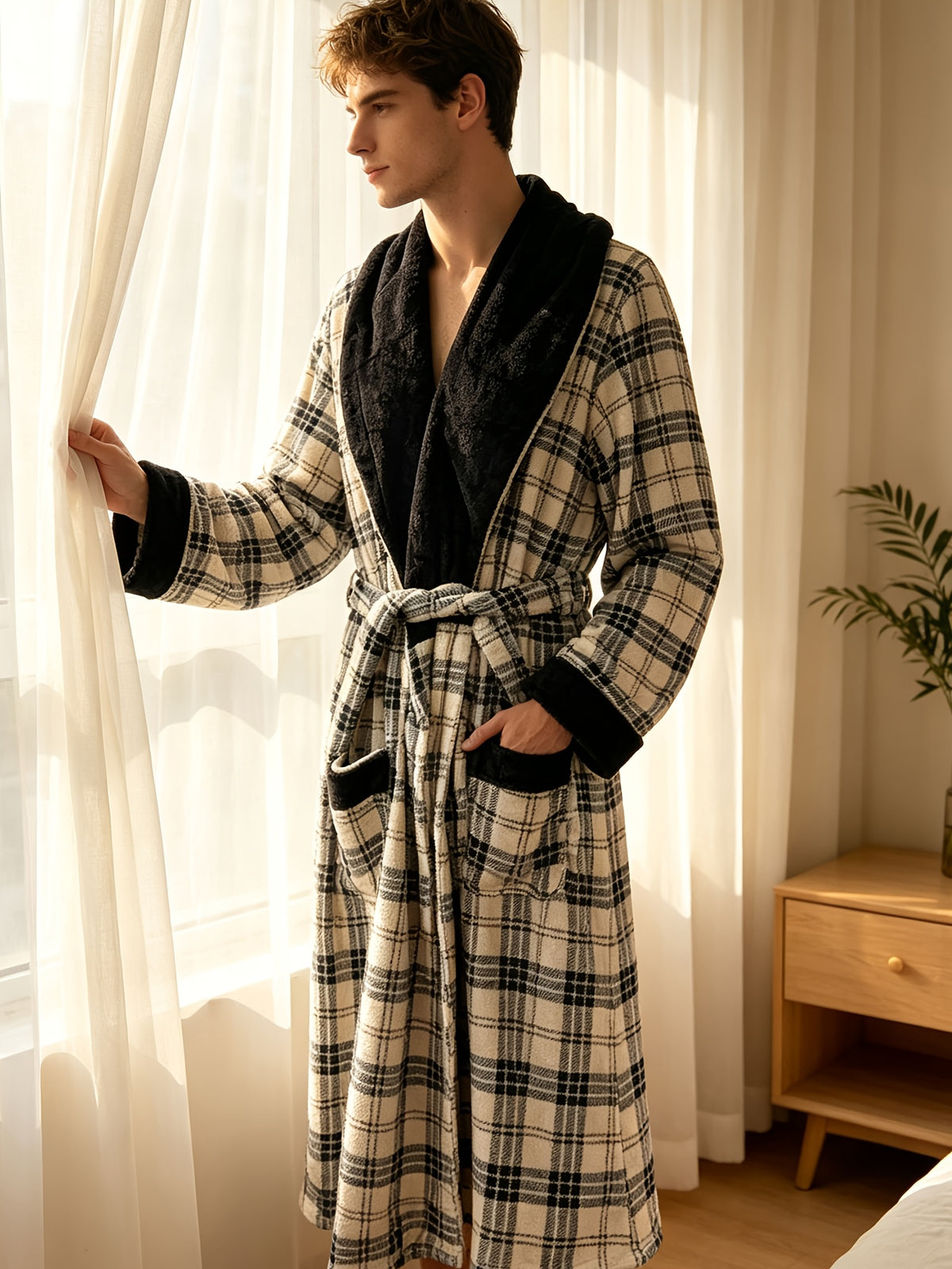 Men's red plaid coral fleece dressing gown