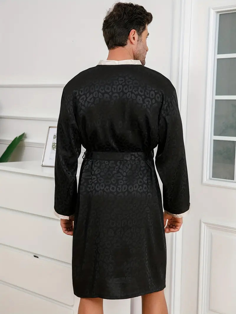 Men's short black leopard print kimono robe