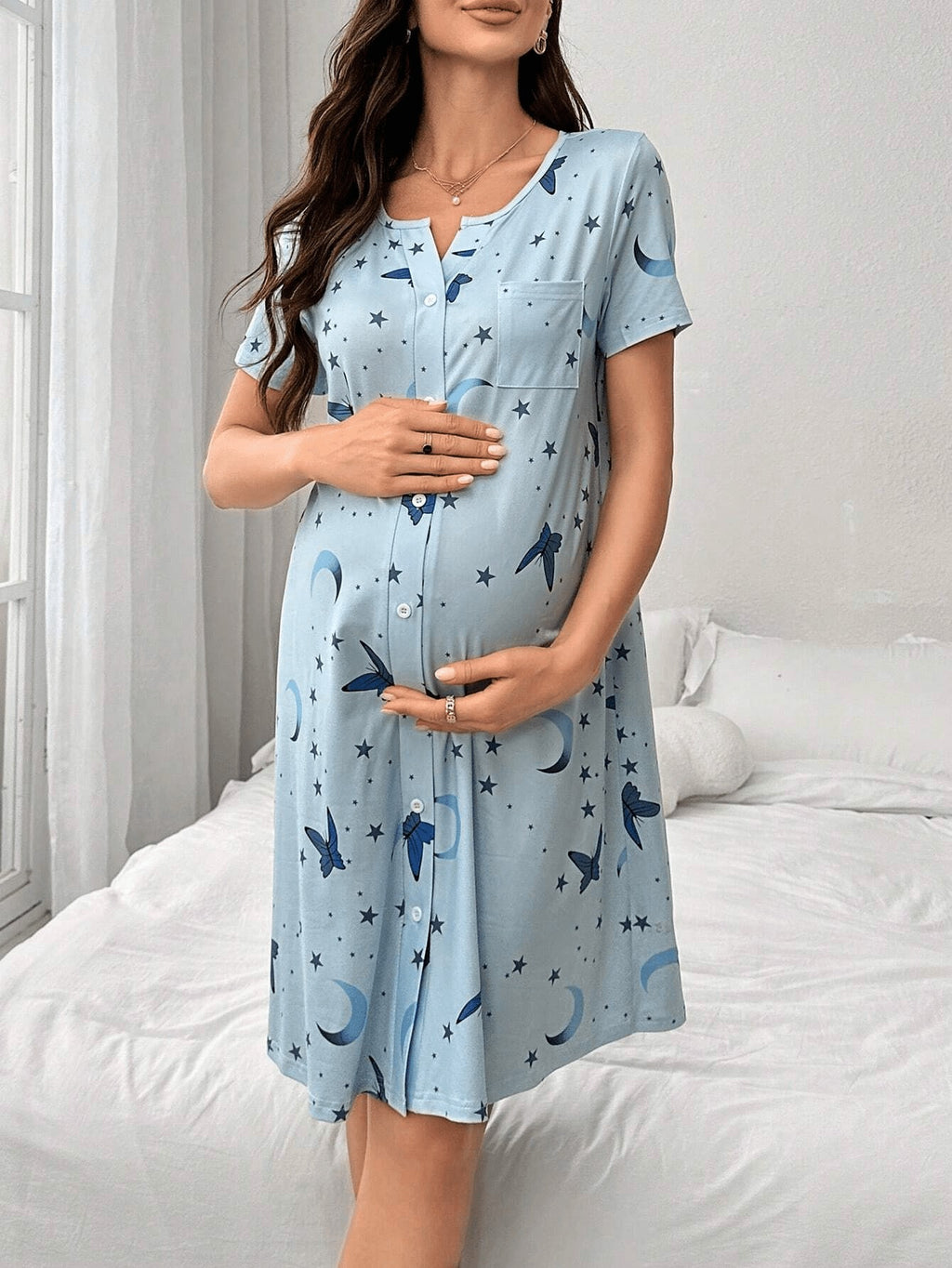 Women's blue butterfly print maternity nightdress