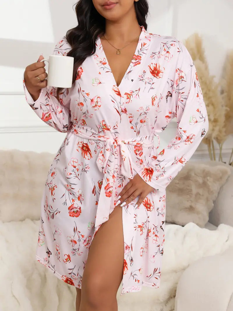 Women's short floral satin dressing gown, plus size