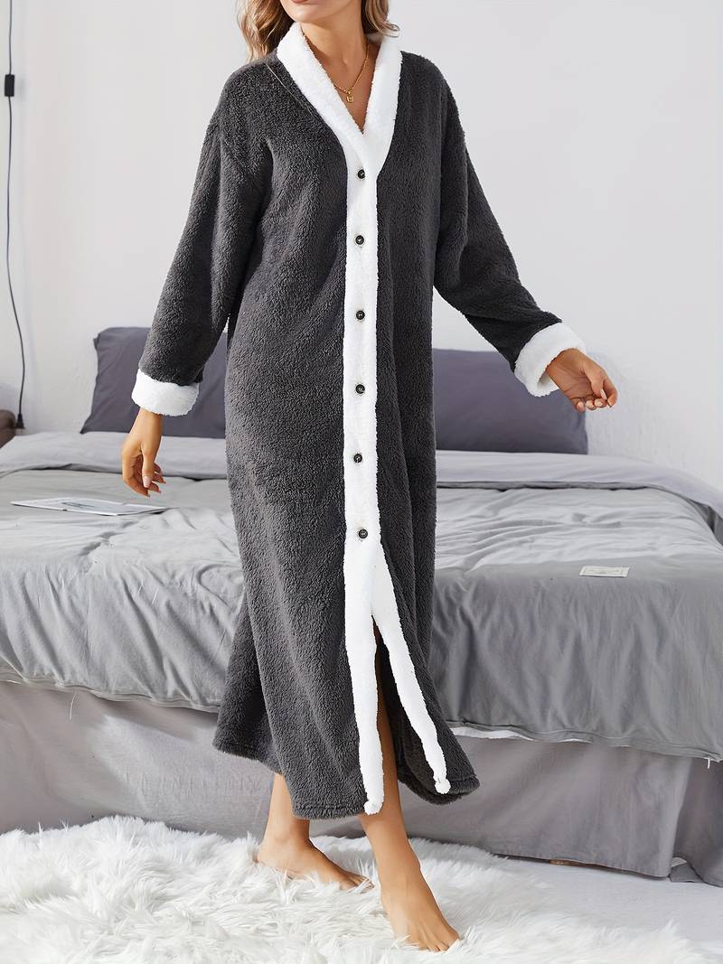 Women's relaxed long fleece dressing gown, grey Image