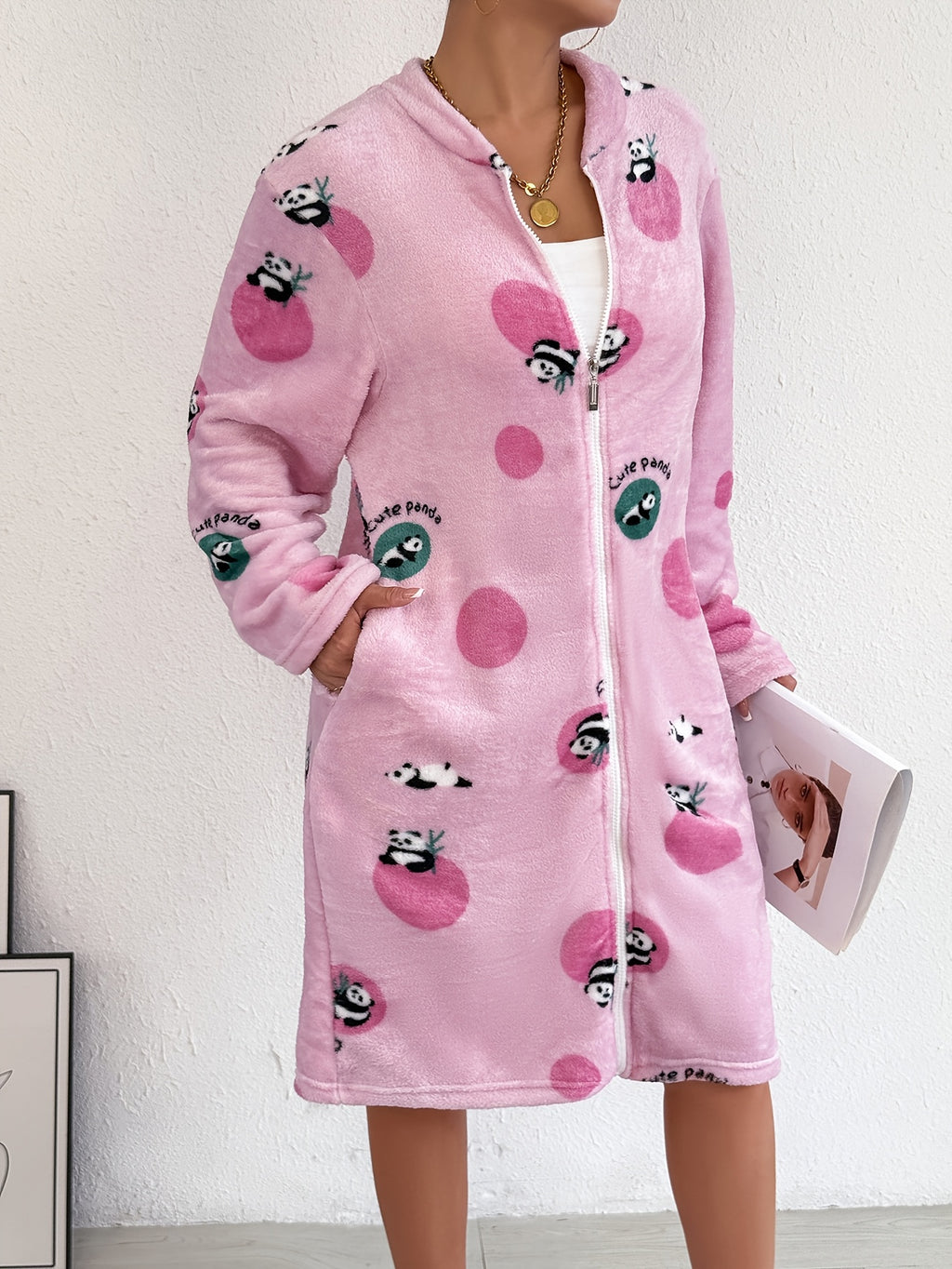 Women's pink patterned flannel zip-up dressing gown