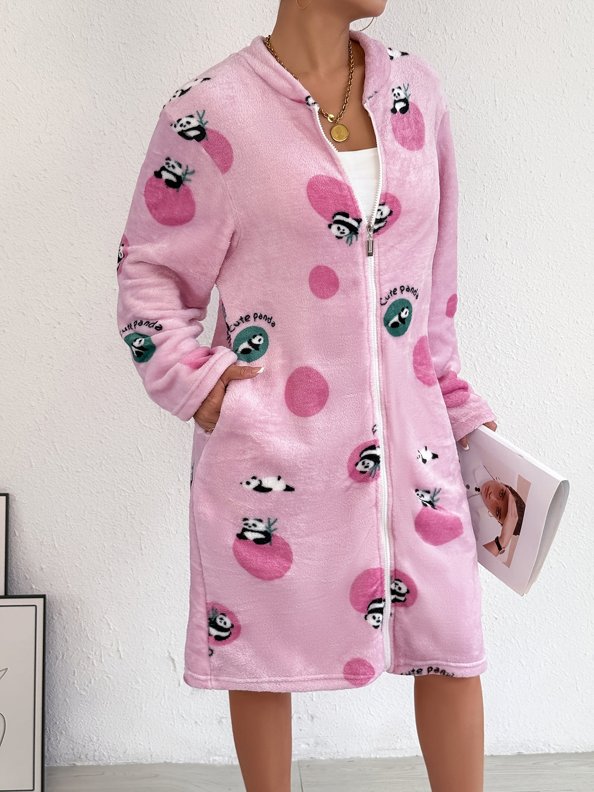 Women's pink patterned flannel zip-up dressing gown
