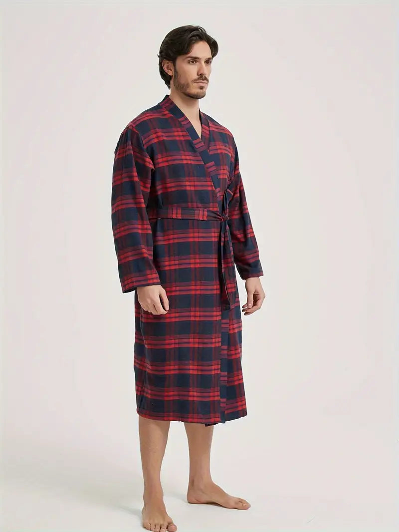 Men's long checked cotton dressing gown