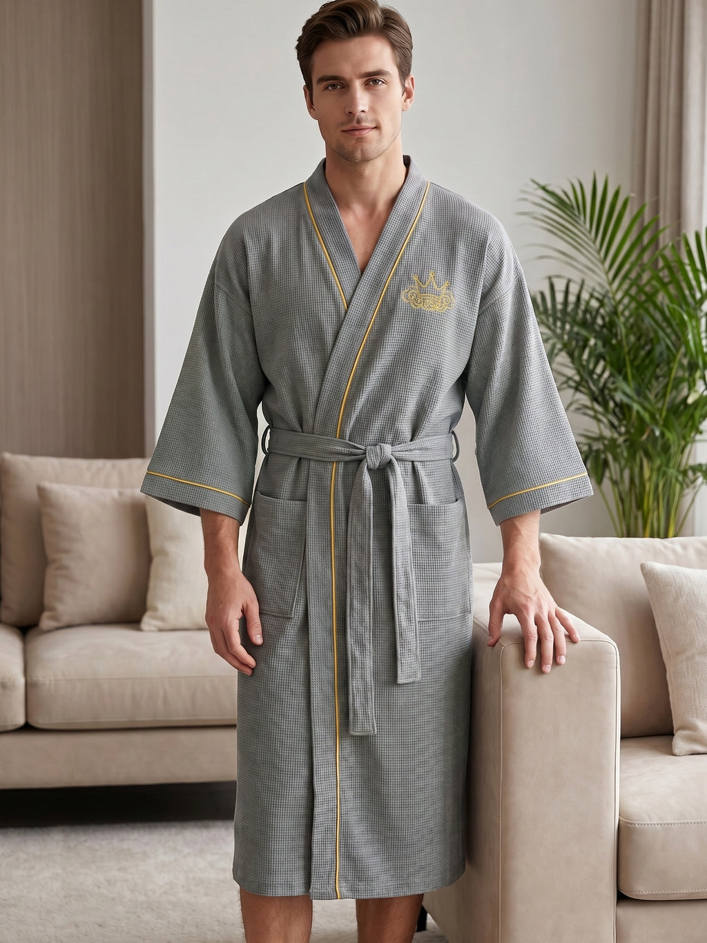 Men's black waffle bathrobe