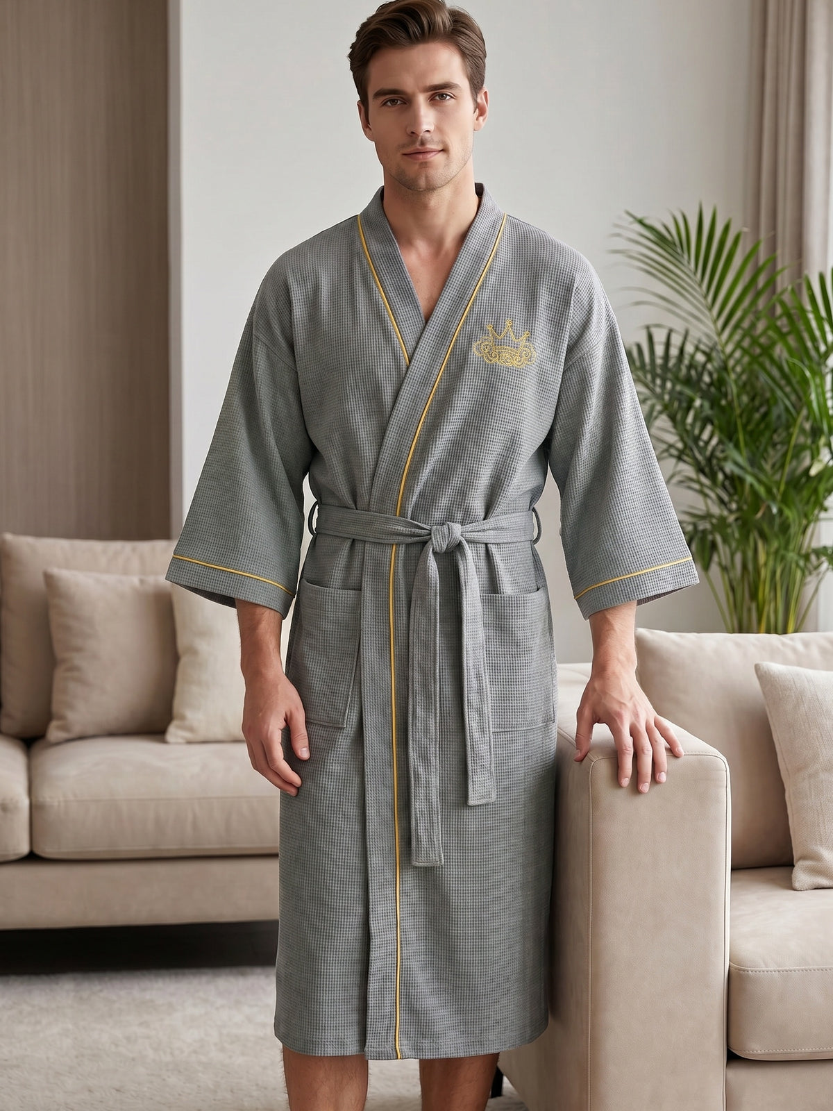Men's black waffle bathrobe