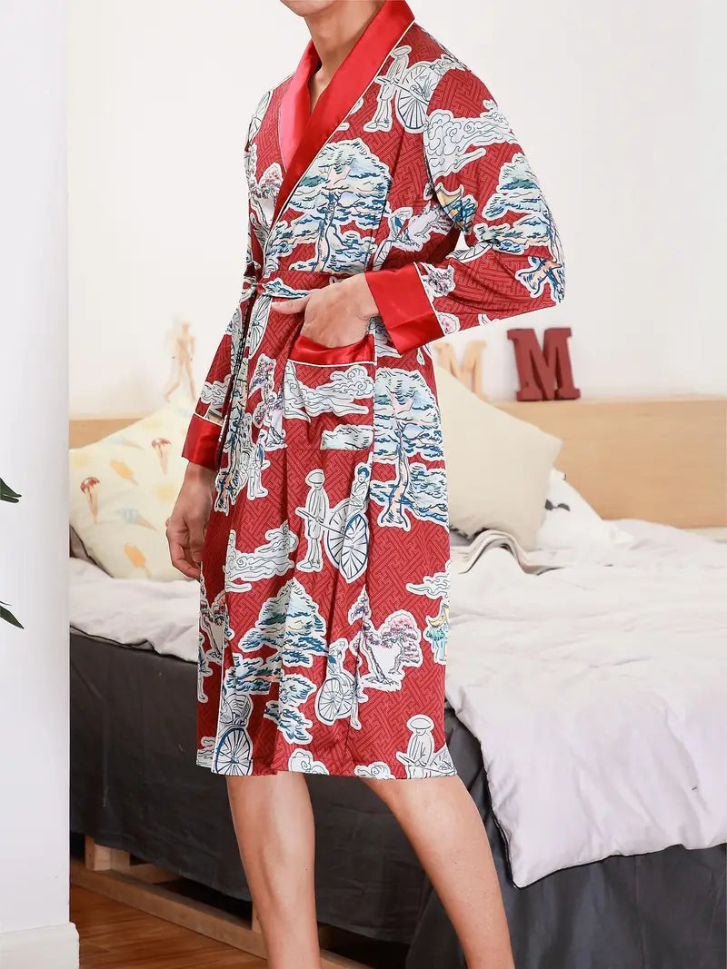 Men's short red vintage kimono robe