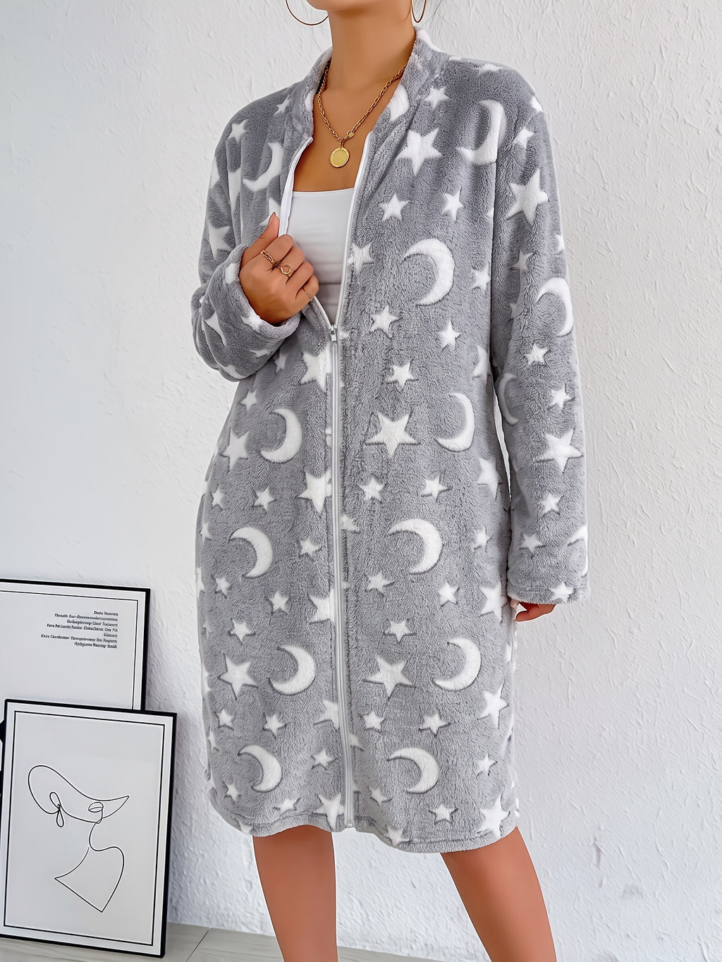 Women's star and moon flannel zip-up dressing gown