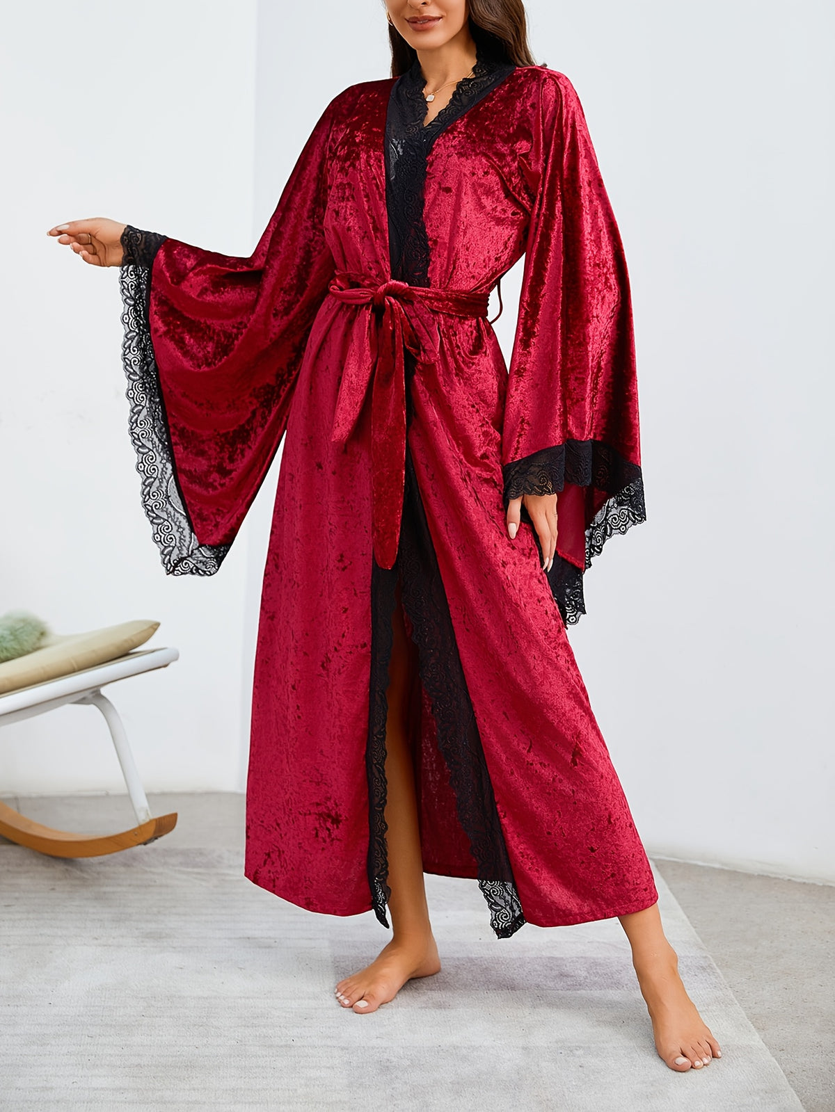 Women's burgundy velvet dressing gown with flared sleeves