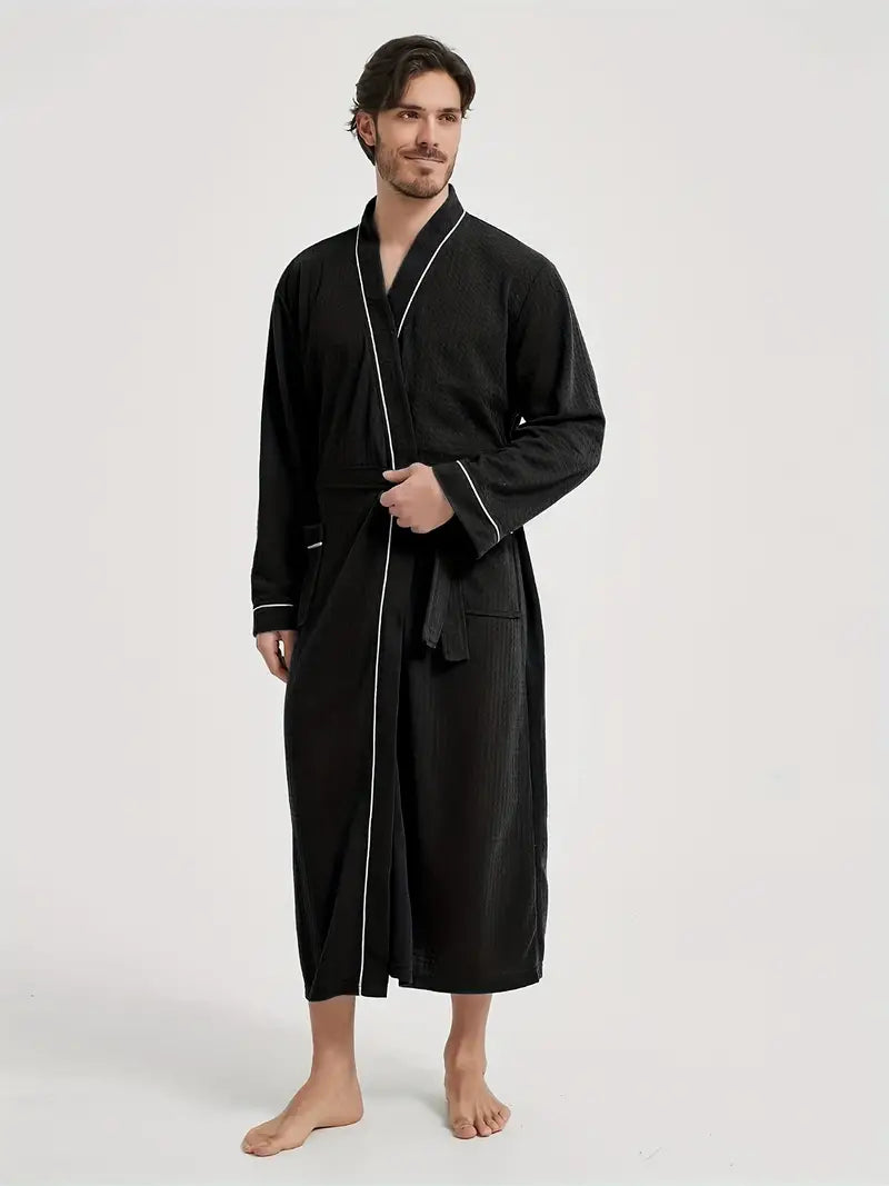 Men's long waffle bathrobe — Black