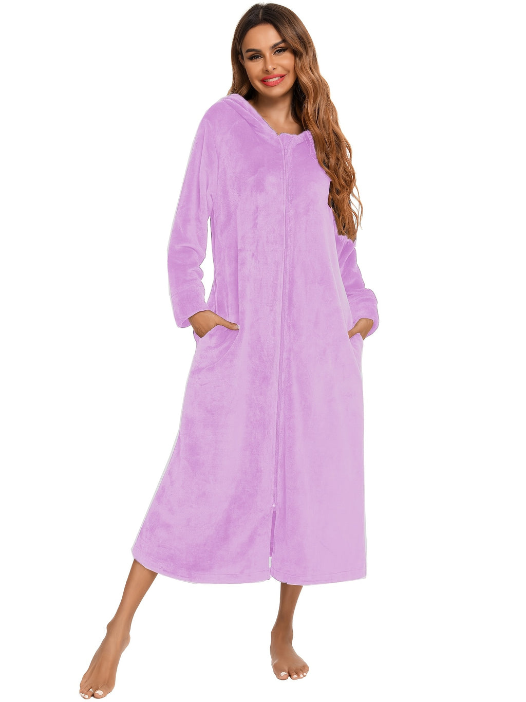 Women's hooded flannel zip-up dressing gown