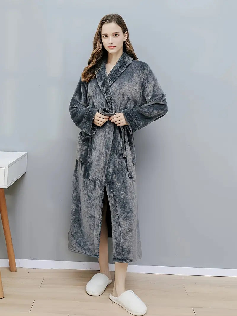 Women's long fleece dressing gown, plain — Grey