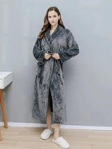 Women's long fleece dressing gown, plain — Grey