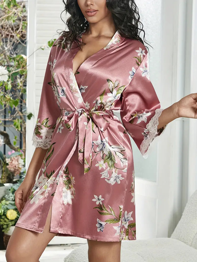 Women's short pink floral satin kimono robe