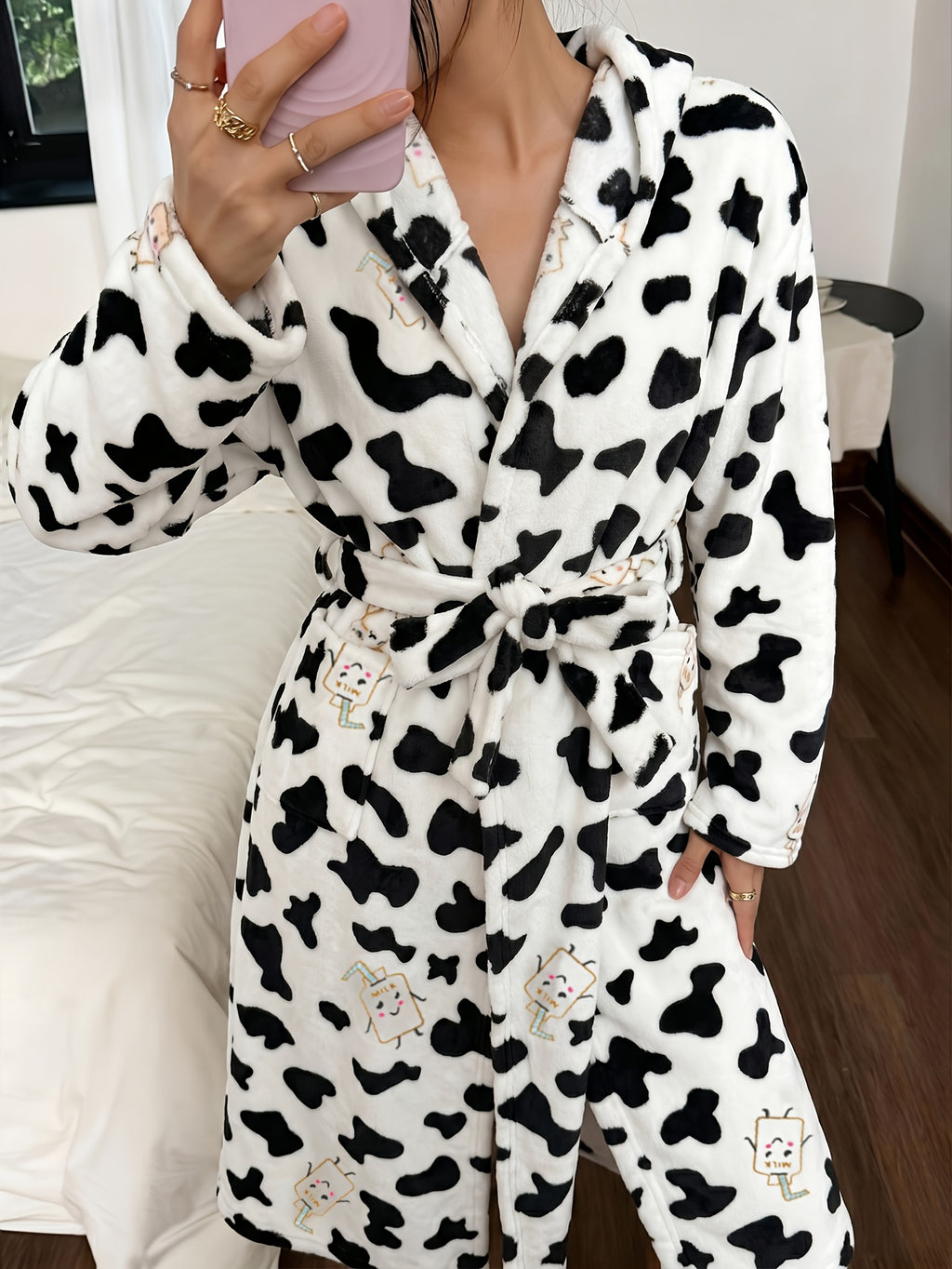 Women's cow print hooded fleece dressing gown