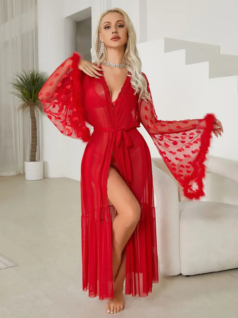 Peignoir Satin Rouge avec Manche Cloche — coloris rouge