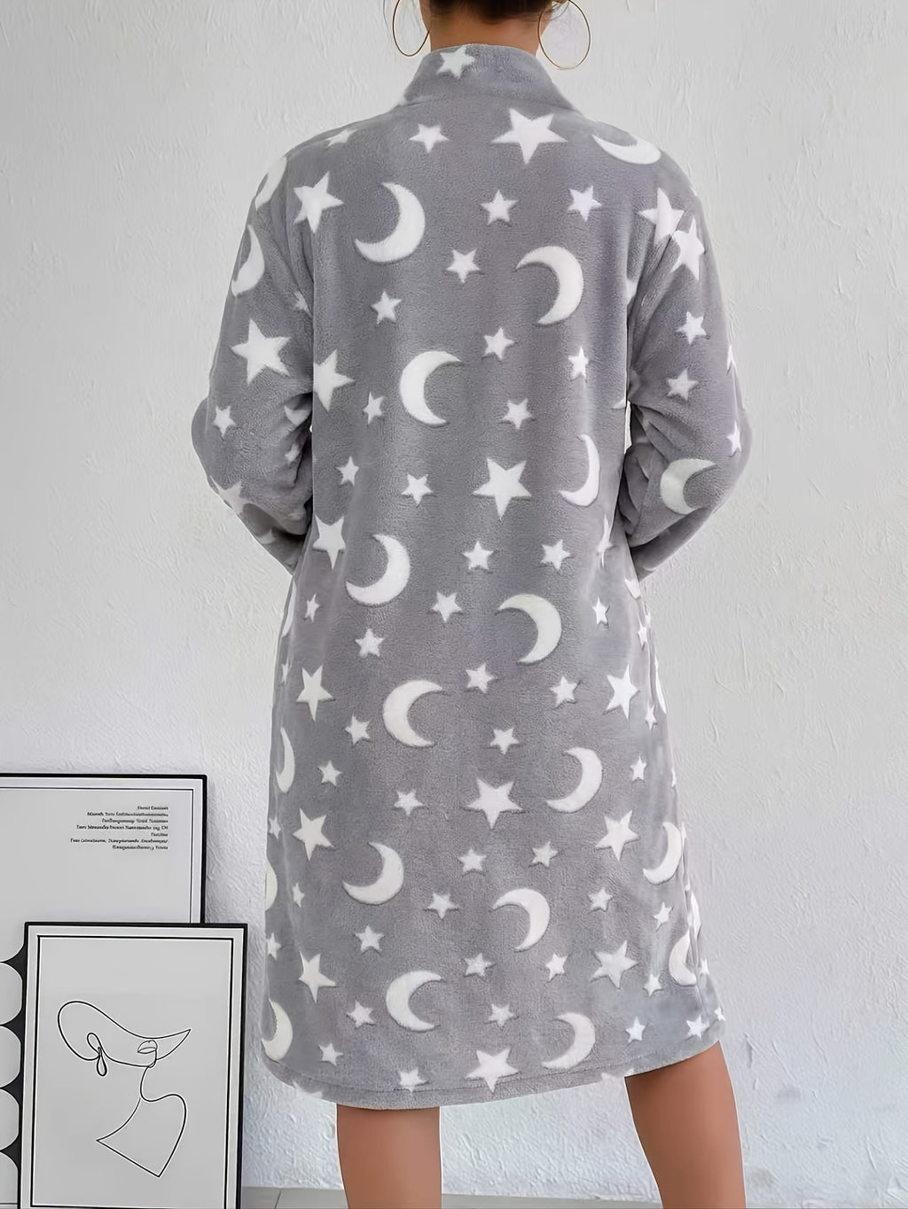 Women's star and moon flannel zip-up dressing gown