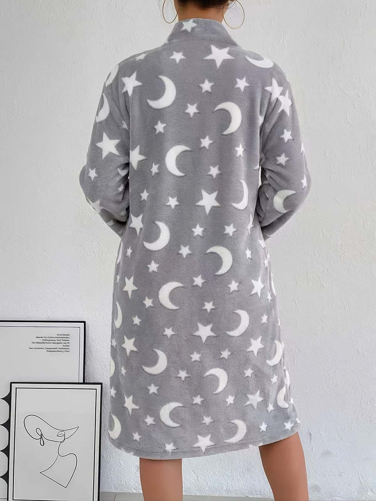 Women's star and moon flannel zip-up dressing gown