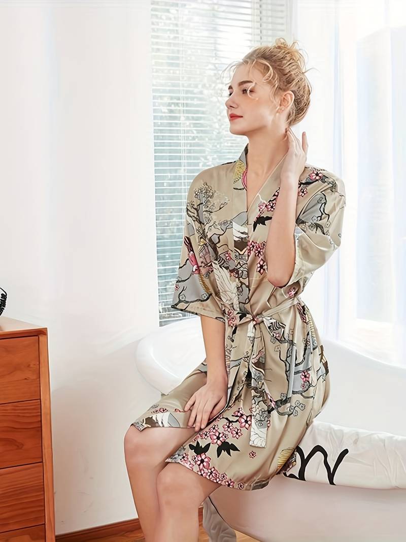 Women's pink floral satin kimono robe