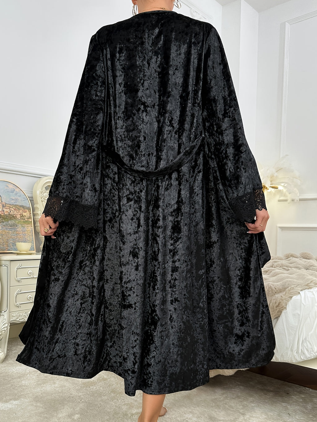 Women's black velvet dressing gown with lace trim