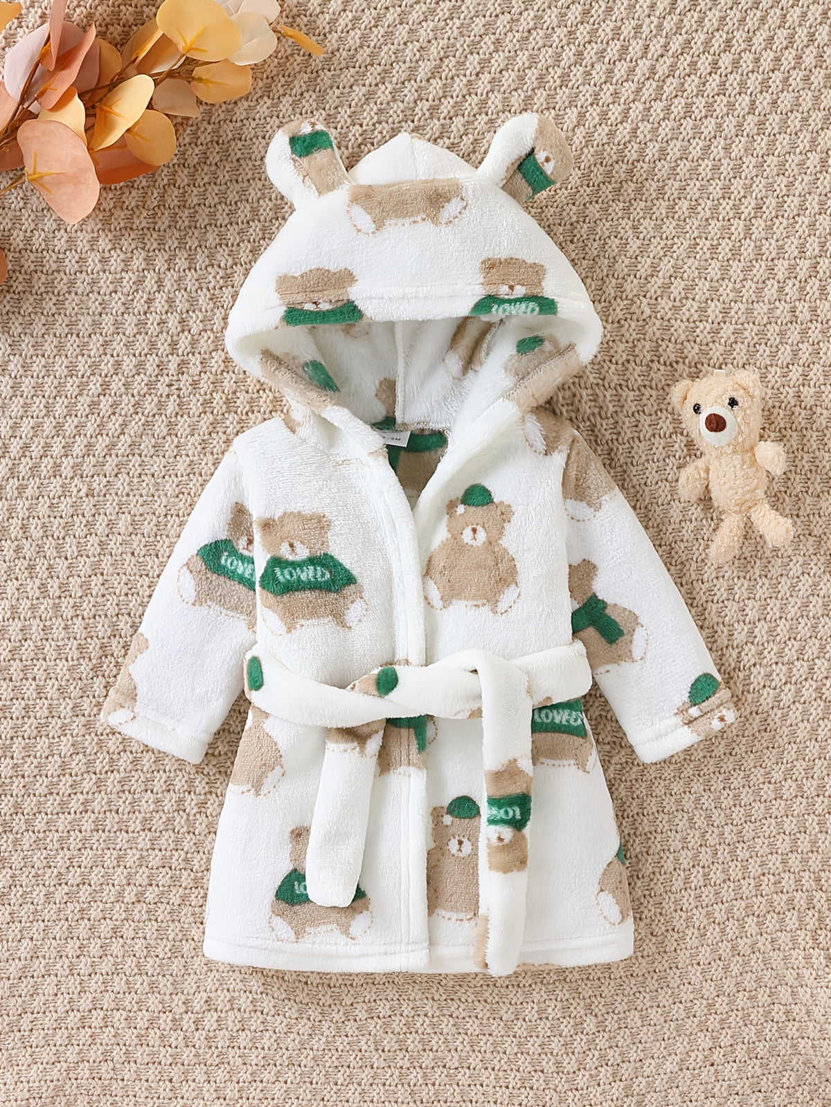 Newborn green hooded flannel dressing gown