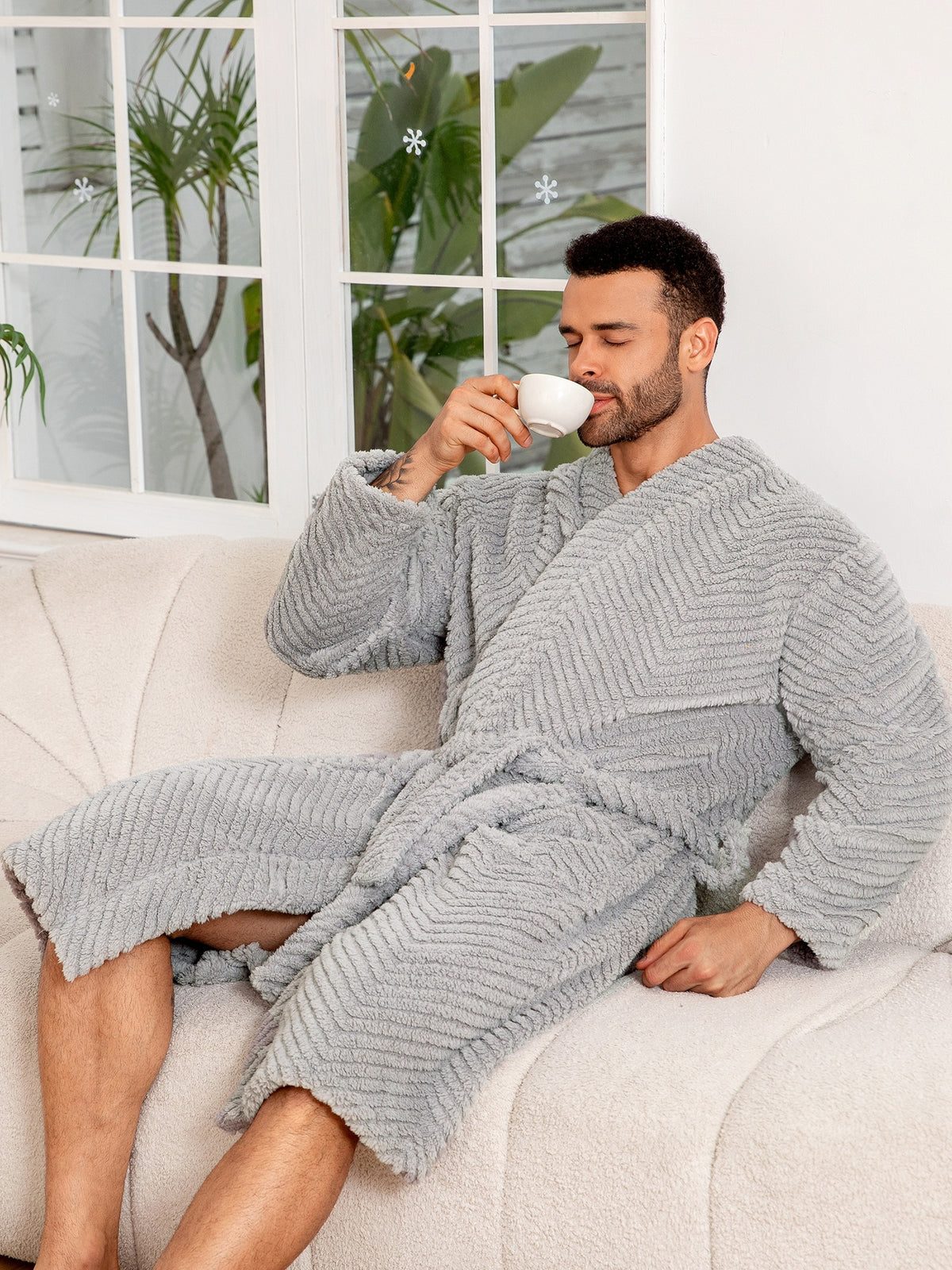 Men's long fleece bathrobe