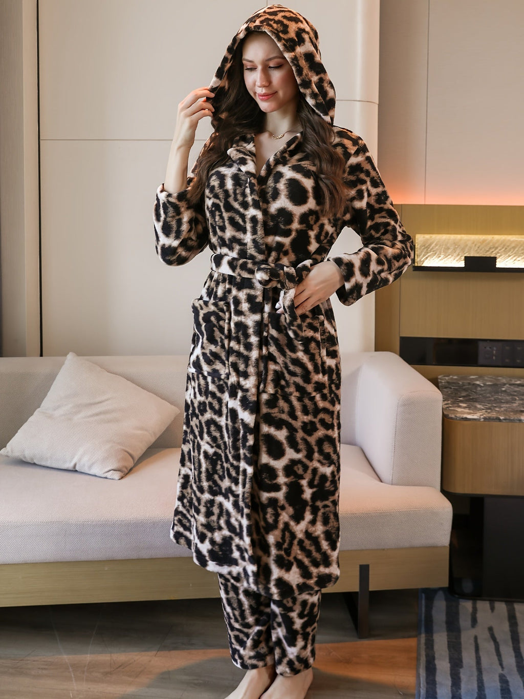 Women's leopard print hooded fleece dressing gown