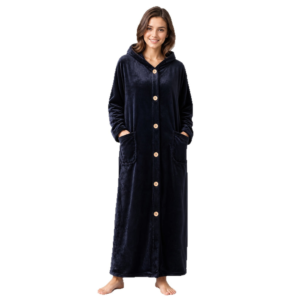 Women's hooded button-up fleece dressing gown