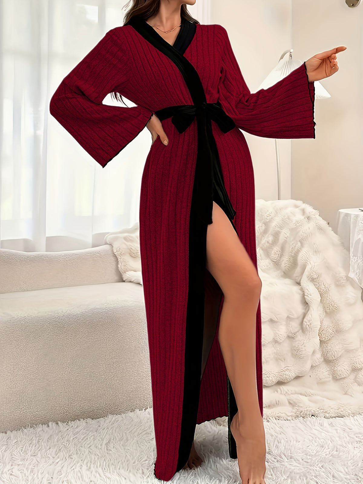Women's ribbed dressing gown with contrast trim