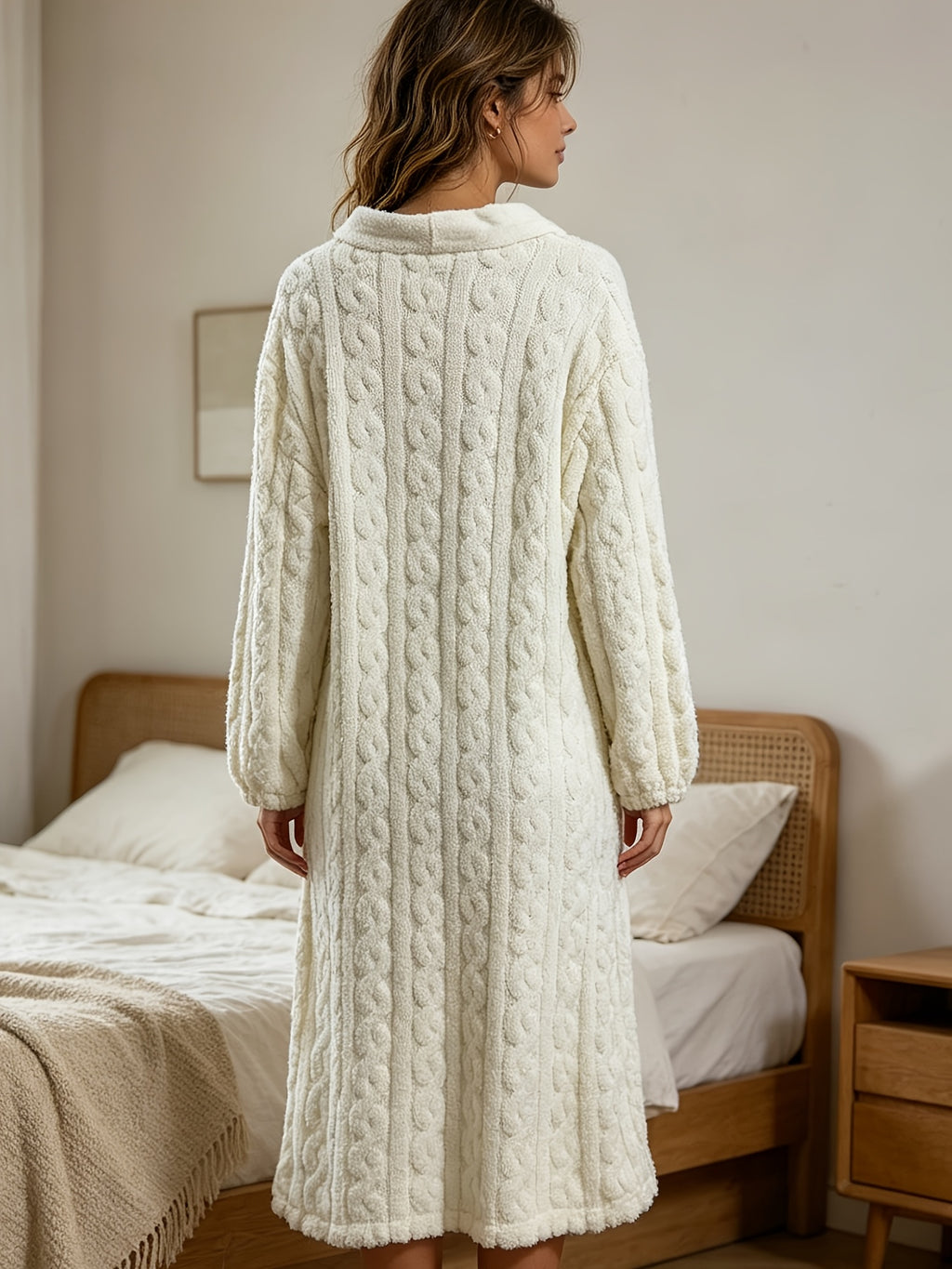 Women's cream cable knit button-up dressing gown