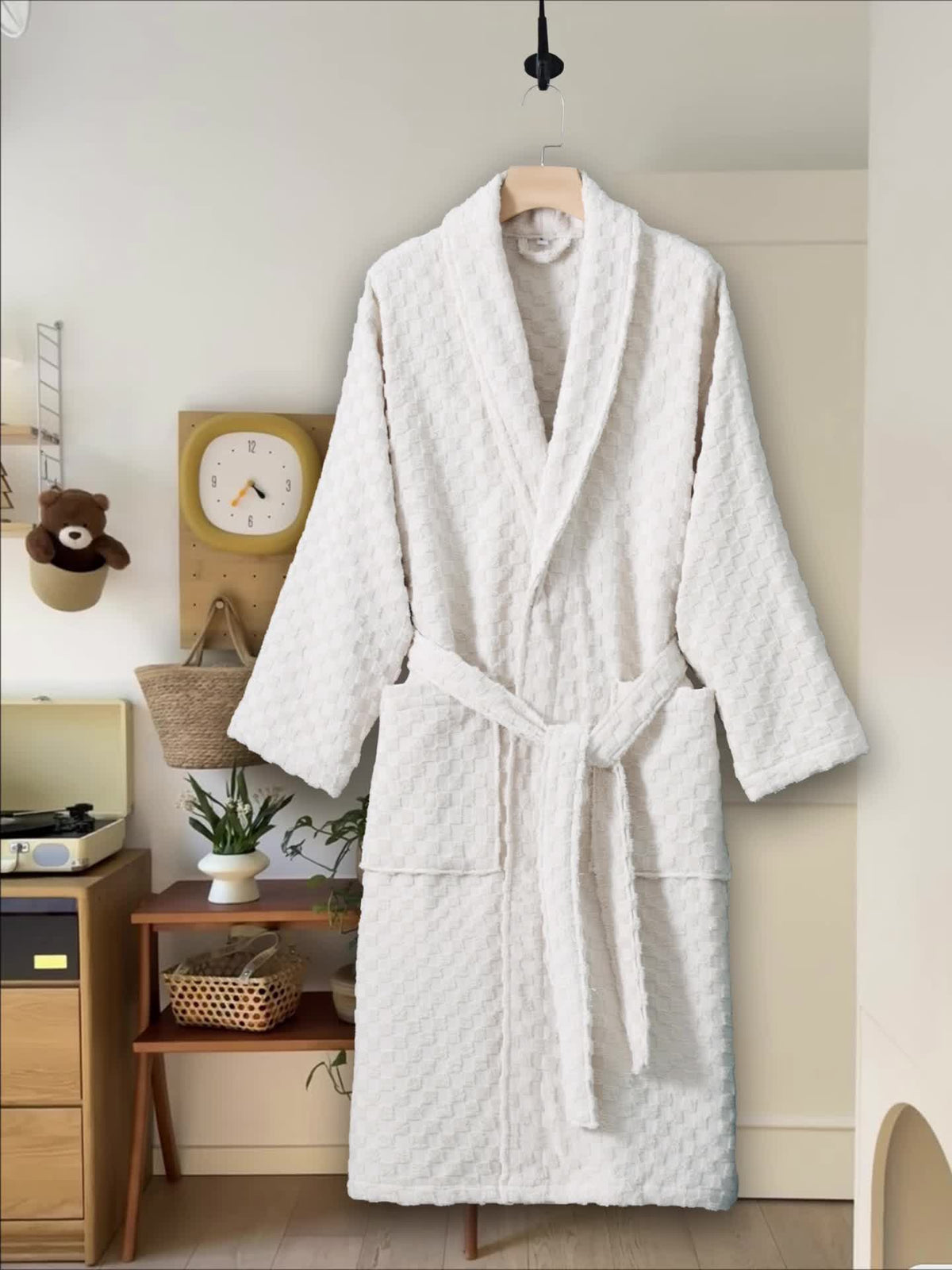 Unisex red tartan towelling bathrobe