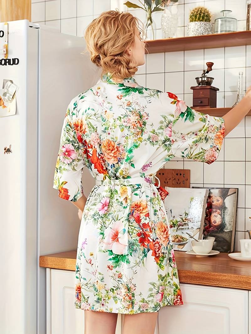 Women's short green floral satin kimono robe