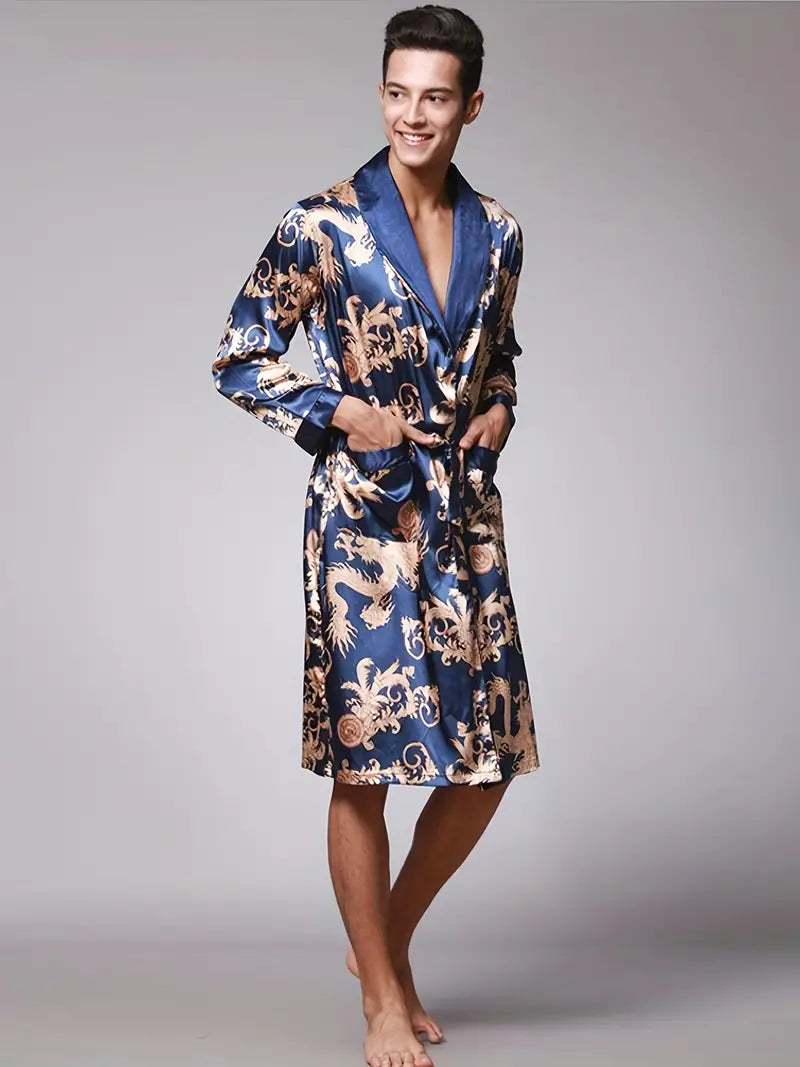 Men's blue dragon print kimono robe, plus size